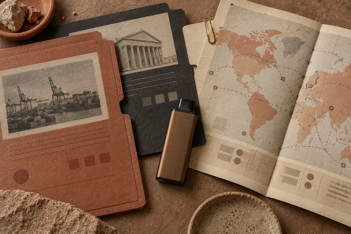 AI editorial illustration of a fictional device record beside publisher files and a geographic map